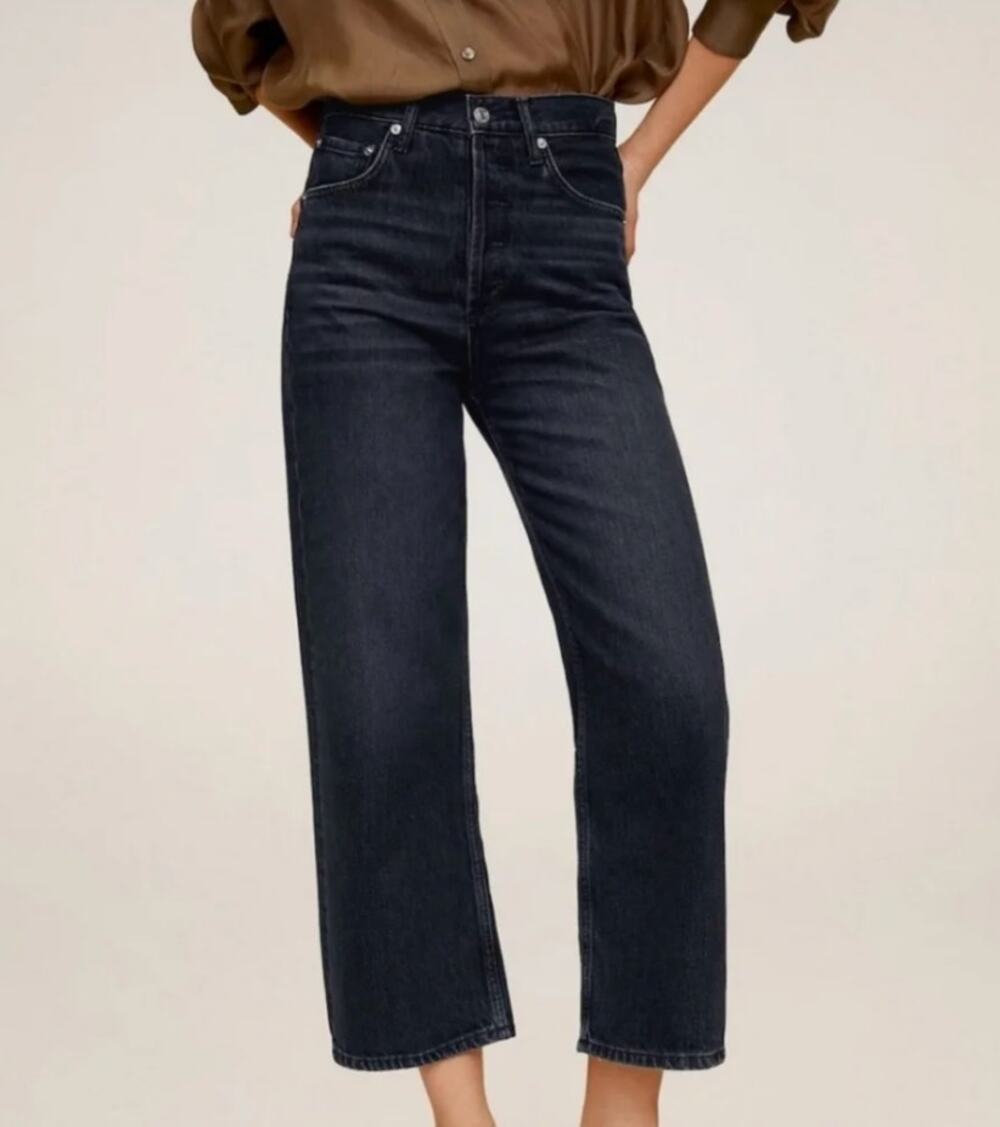 MNG Mango Gabriela High Rise Button Fly Straight Leg Cropped Jeans Black 2